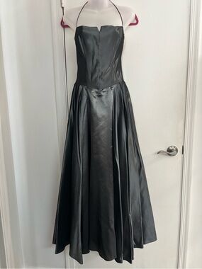 Elegant Gunmetal Gray Satin Evening Gown - Sleeveless with Thin Tie Around Neck